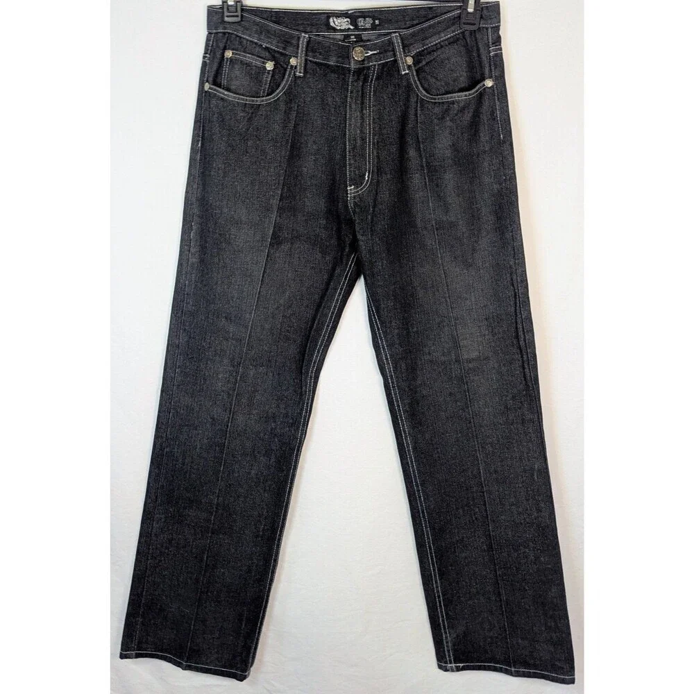 GS115 Y2K Hip Hop Dark Wash Jeans Mens 36 Streetwear Denim Baggy